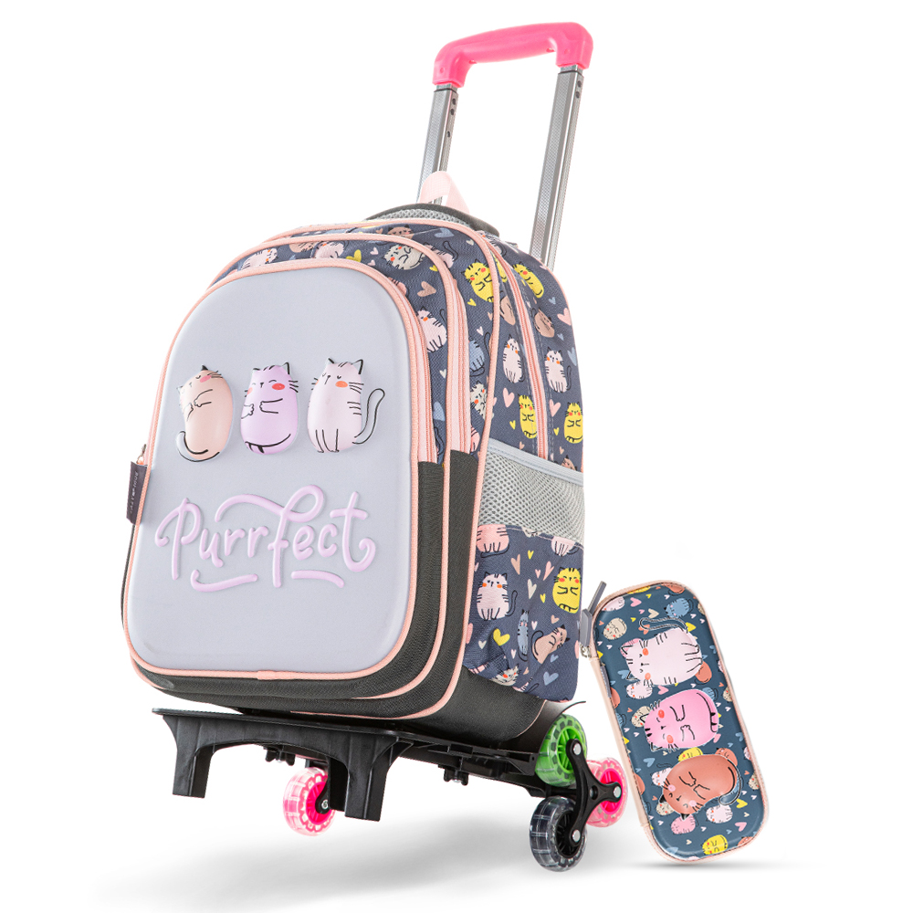 Eazy Kids - Girl's Backpack With Trolley & Pencil Case Set - Purrfect Grey - 3 Pcs