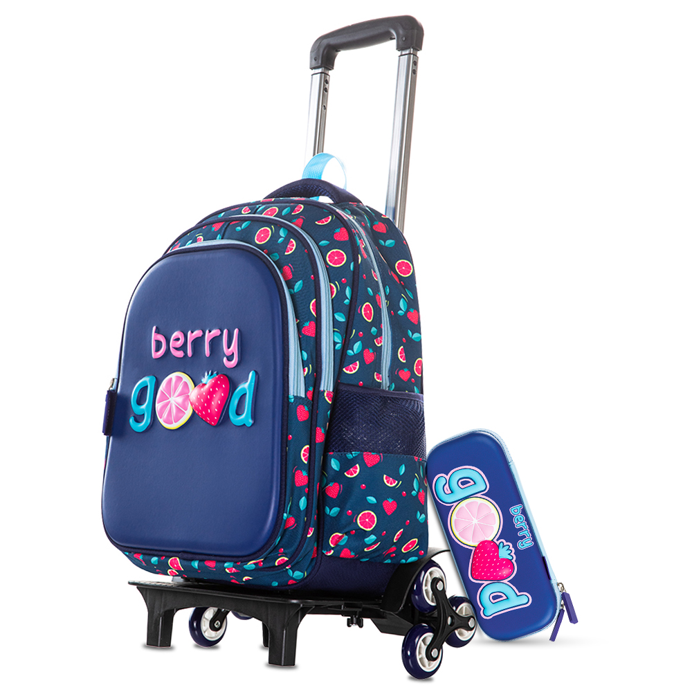 Eazy Kids - Boy's Backpack With Trolley & Pencil Case Set - Berry Good Blue - 3 Pcs