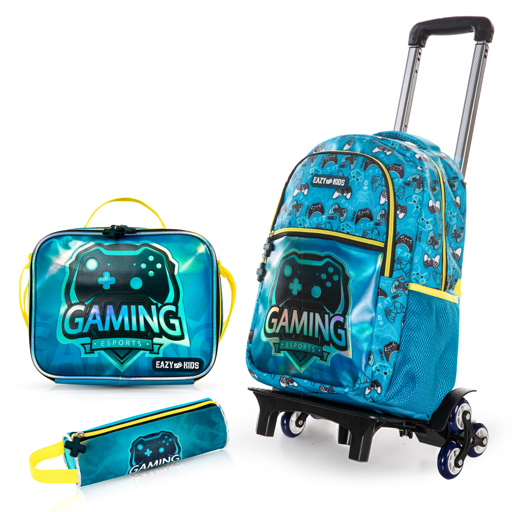 Eazy Kids - Boy's Backpack With Trolley, Pencil Case & Lunch Bag Set - Gaming - 4 Pcs