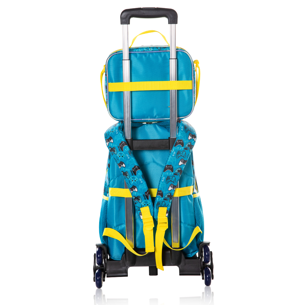 Eazy Kids - Boy's Backpack With Trolley, Pencil Case & Lunch Bag Set - Gaming - 4 Pcs