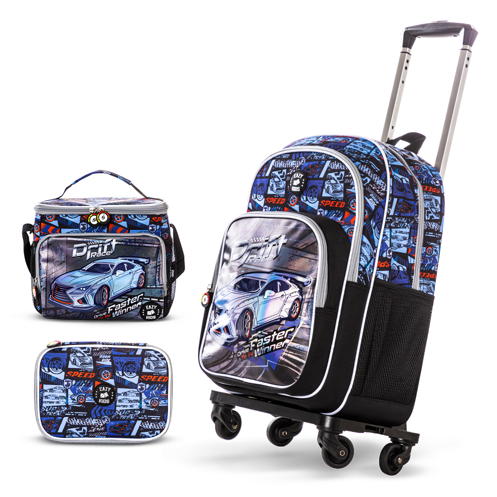 Eazy Kids - Boy's Backpack with Trolley, Pencil Case & Lunch Bag Set - Car Racing