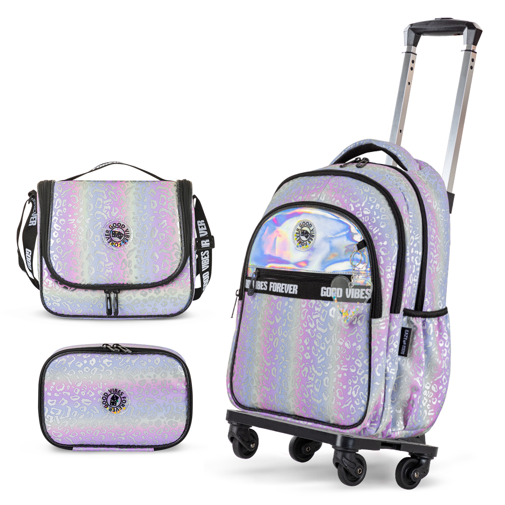 Eazy Kids - Girl's Backpack with Trolley, Pencil Case & Lunch Bag Set - Good Vibes