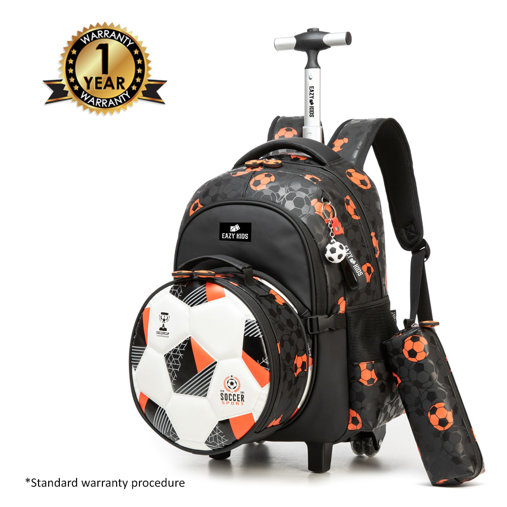 إيزي كيدز - شنطة مدرسية بعجلات، شنطة سفر، شنطة غداء ومقلمة، طقم 4 قطع - أسود لكرة القدم - 18 إنش/46 سم