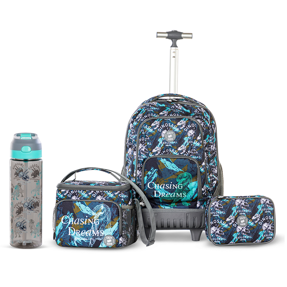 Eazy Kids - Trolley Backpack W/ Water Bottle, Lunch Bag And Pencil Case - T-Rex - 18-Inch/46cm