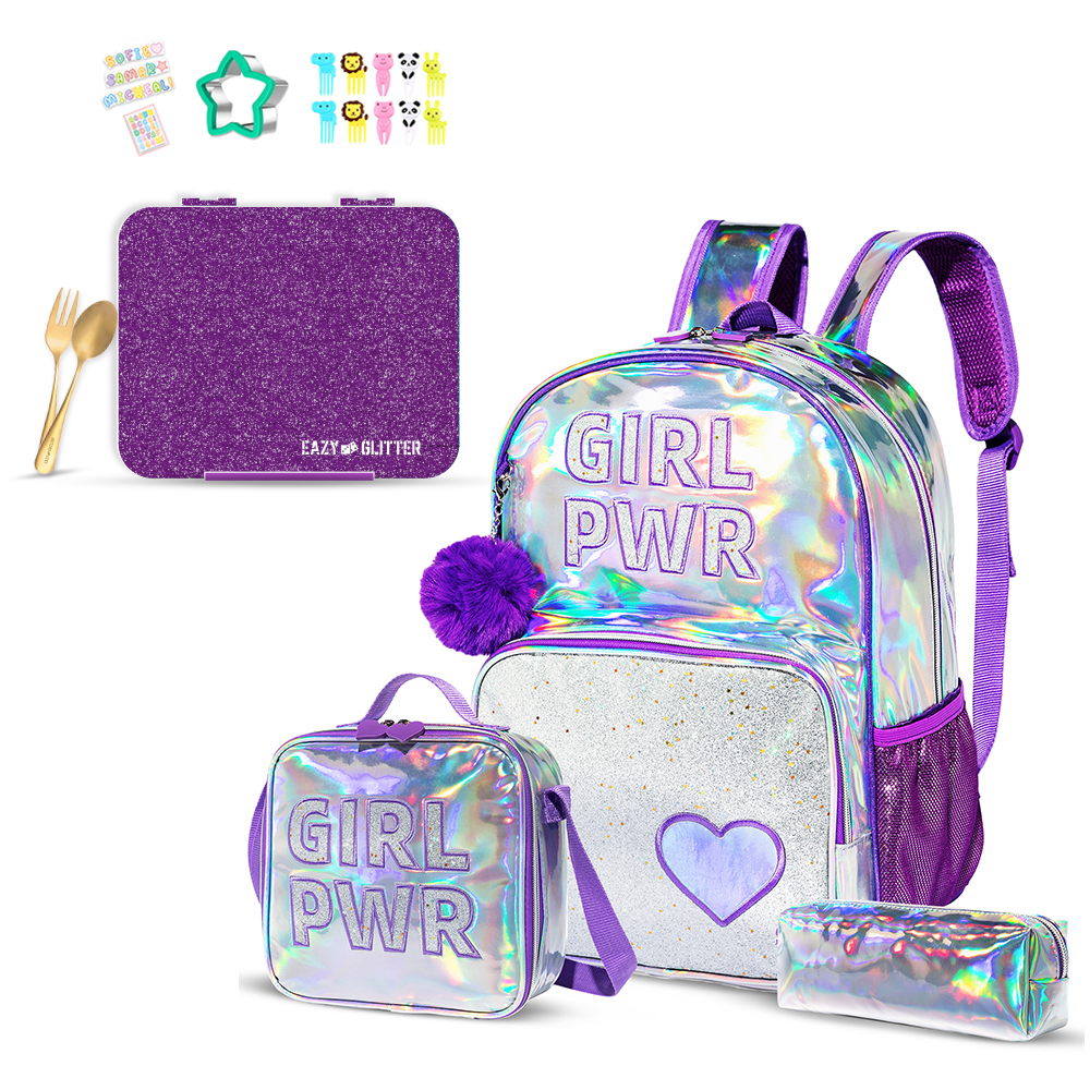 Eazy Kids - Girl Power School Backpack With Lunch Kit And Accessory Set - Glitter Purple
