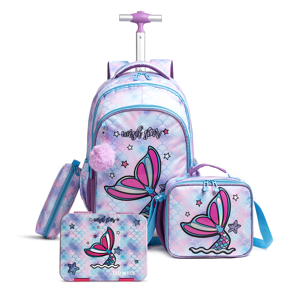 Eazy Kids - School Trolley Bag With Lunch Kit And Pencil Case Set - Mermaid - 4pcs