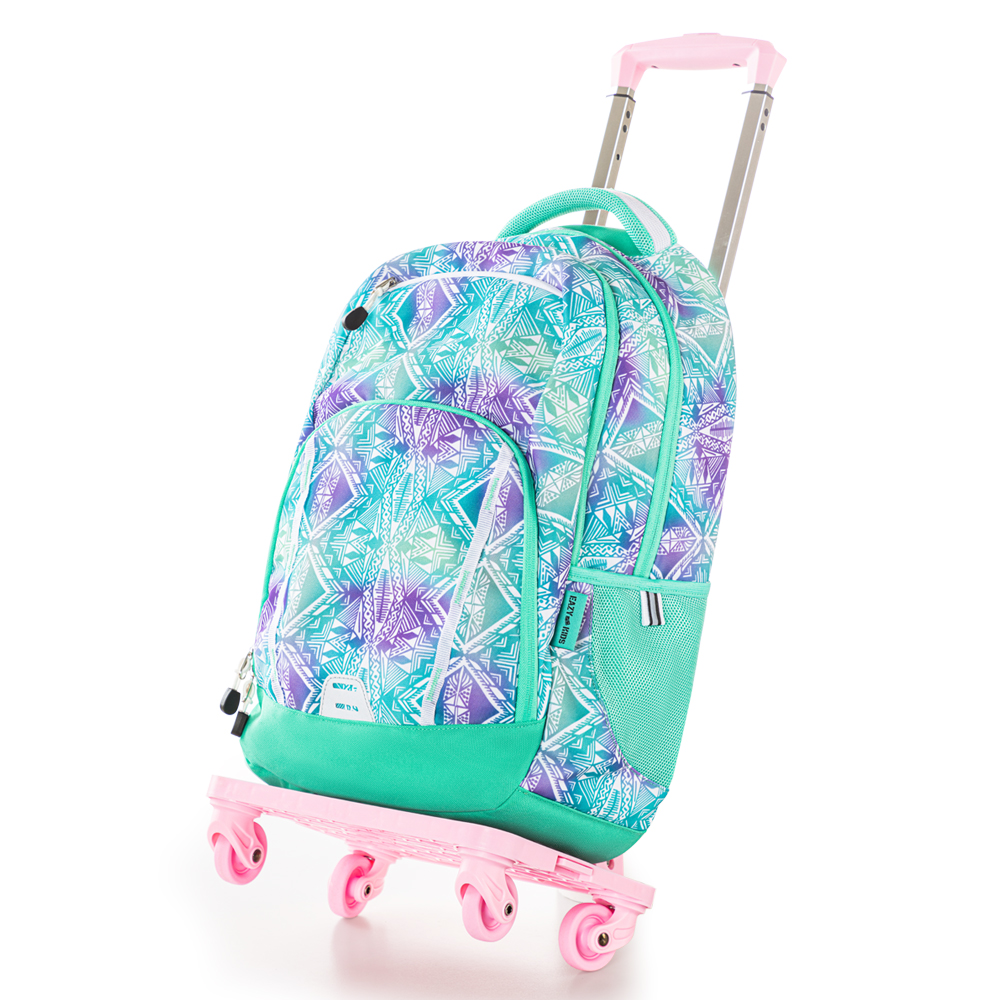 إيزي كيدز - طقم شنطة ظهر مدرسية وعربة - أخضر هندسي - قطعتان - 18 إنش/46 سم