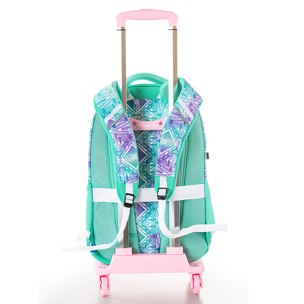 إيزي كيدز - طقم شنطة ظهر مدرسية وعربة - أخضر هندسي - قطعتان - 18 إنش/46 سم