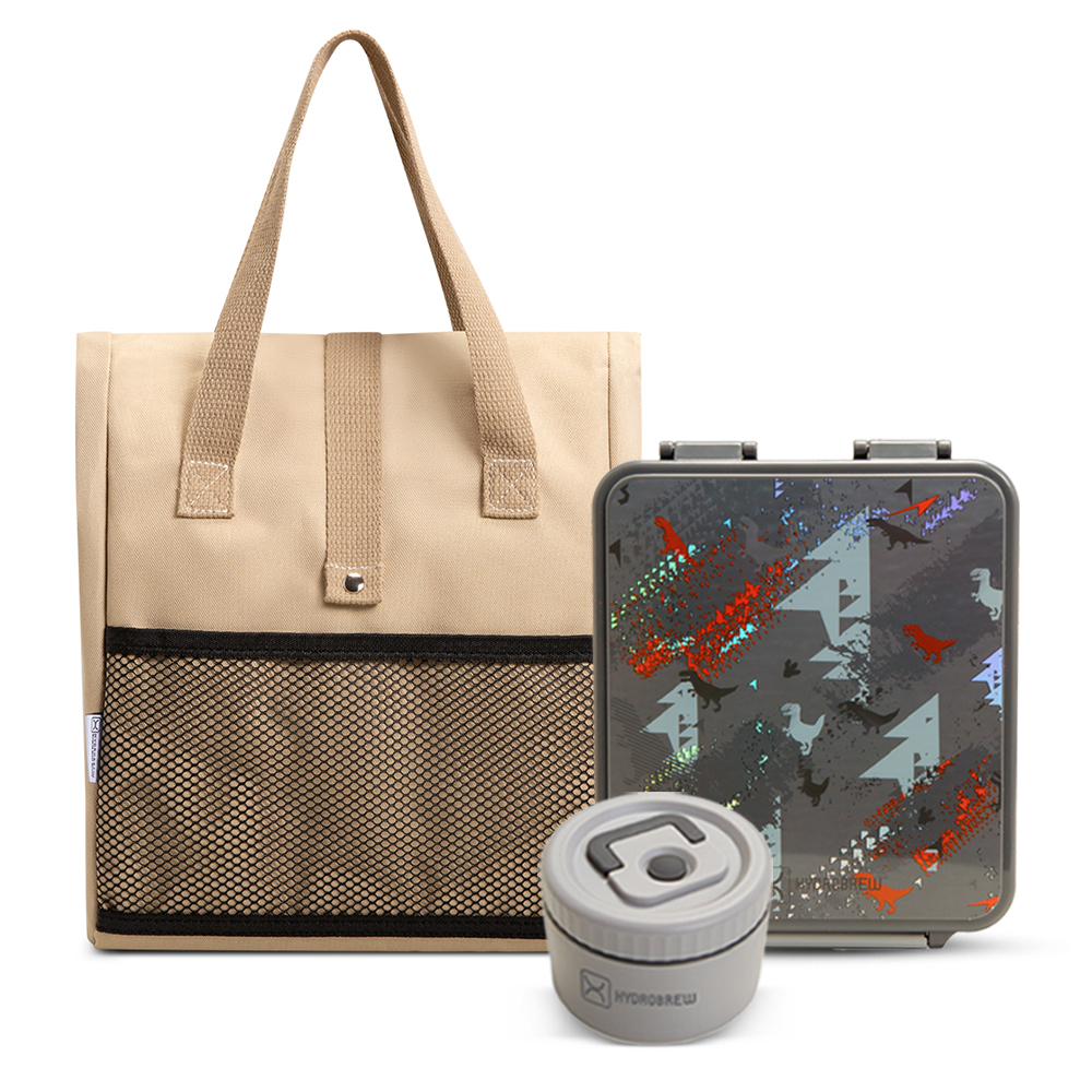 Hydrobrew - Bento Lunch Box W/ Lunch Bag, Steel Food Jar - Dinosaurs - Grey