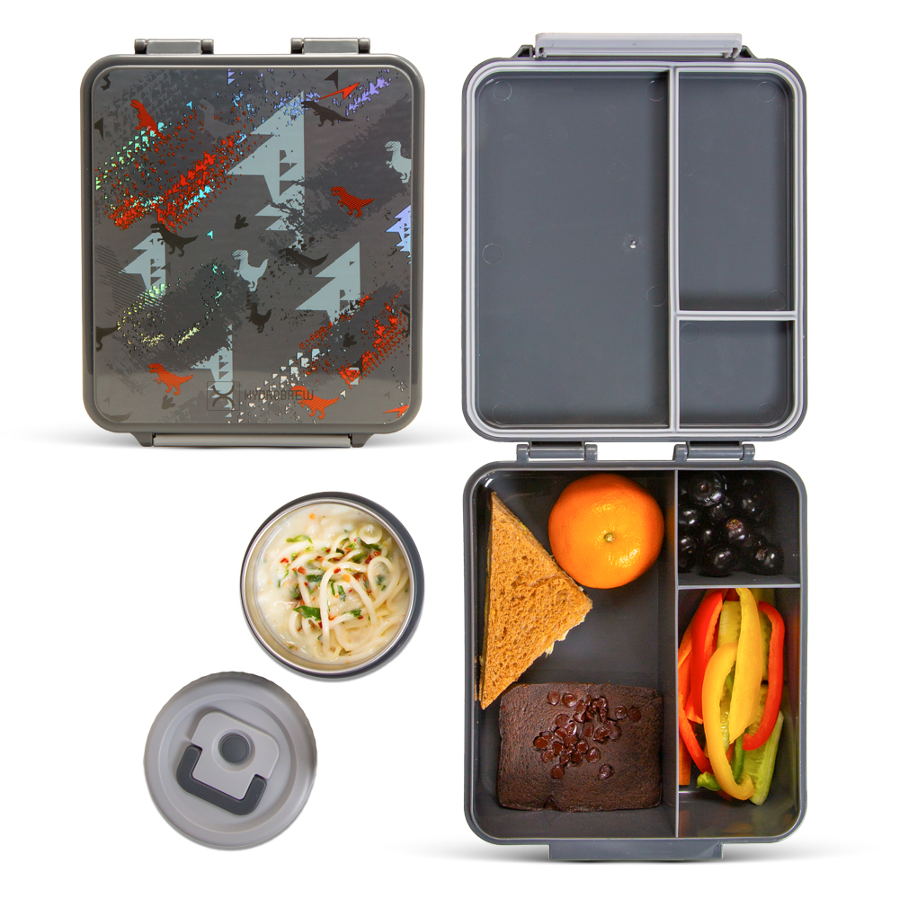 Hydrobrew - Bento Lunch Box W/ Lunch Bag, Steel Food Jar - Dinosaurs - Grey