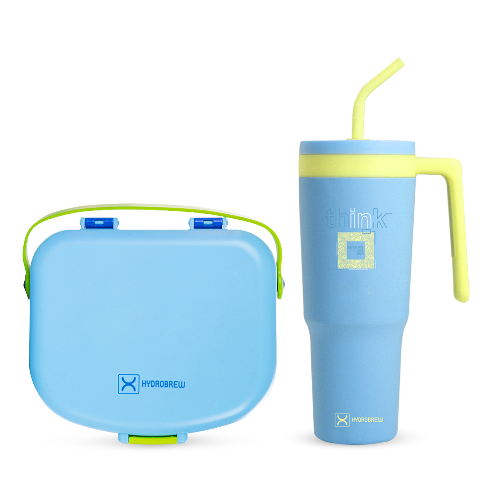 Hydrobrew - 4 Compartment Bento Lunch Box With Steel Water Bottle 1200ml & Spoon/Fork Set - Cobalt