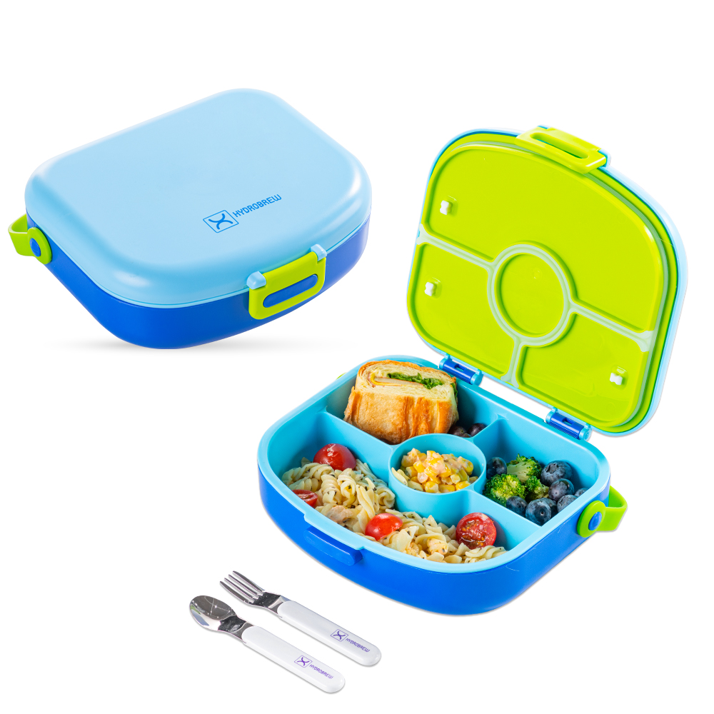 Hydrobrew - 4 Compartment Bento Lunch Box With Steel Water Bottle 1200ml & Spoon/Fork Set - Cobalt
