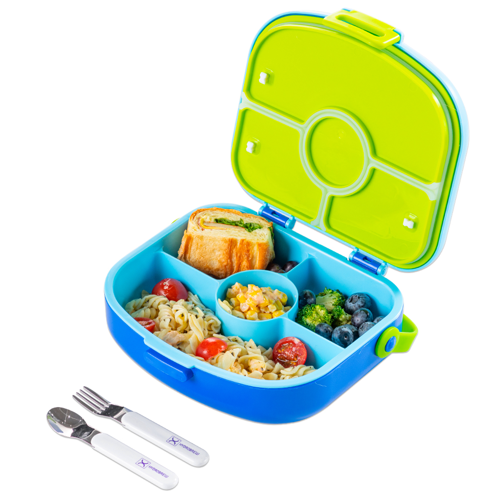 Hydrobrew - 4 Compartment Bento Lunch Box With Steel Water Bottle 1200ml & Spoon/Fork Set - Cobalt