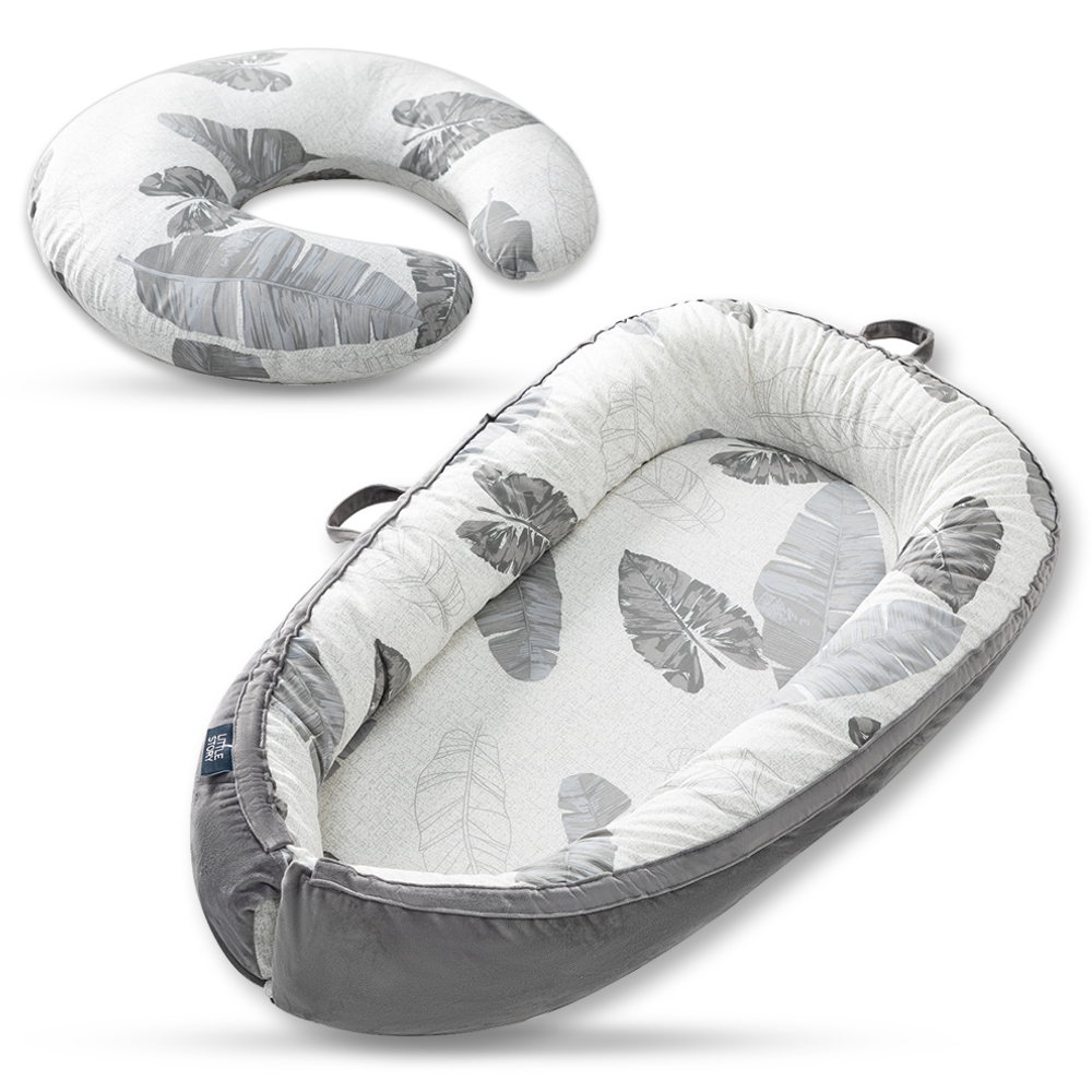 Little Story Fiberfill Lounger Bed And Feeding Pillow With Slipcover Set - Leaves