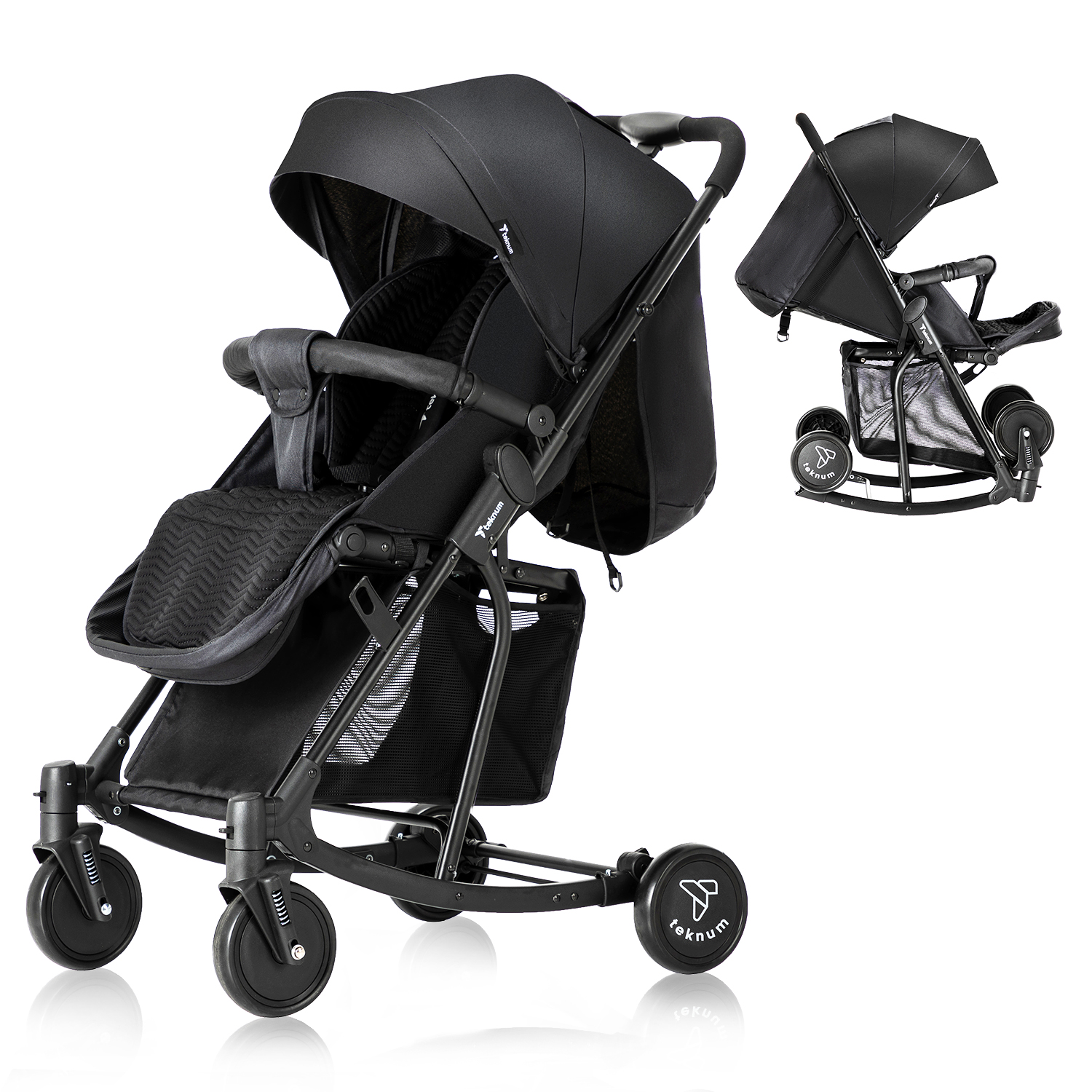 Teknum - Stroller With Rocker And Blue Diaper Tote Bag - Black