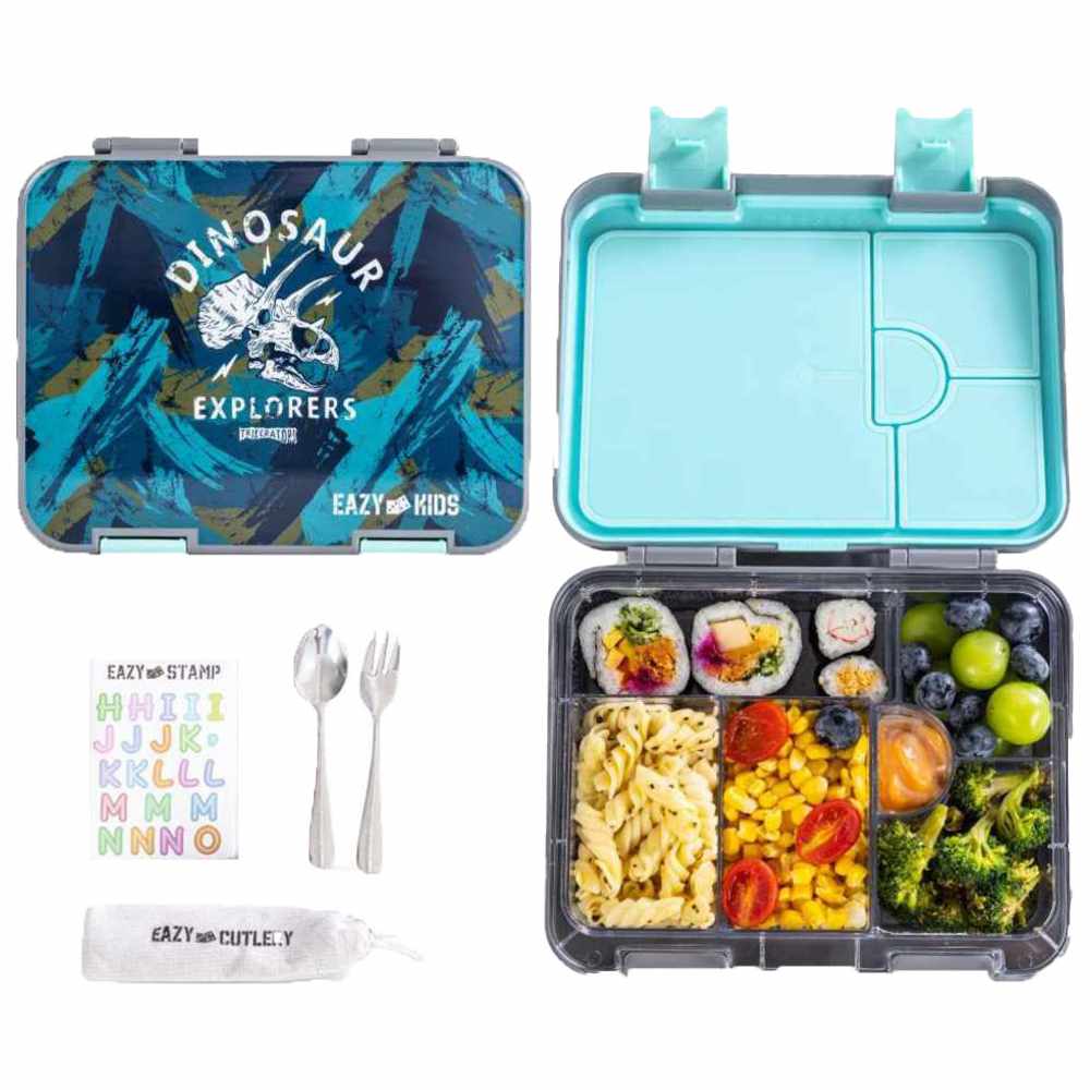 Eazy Kids - Personalized 4/6 Convertible Bento Lunch Box Set - T-Rex Grey