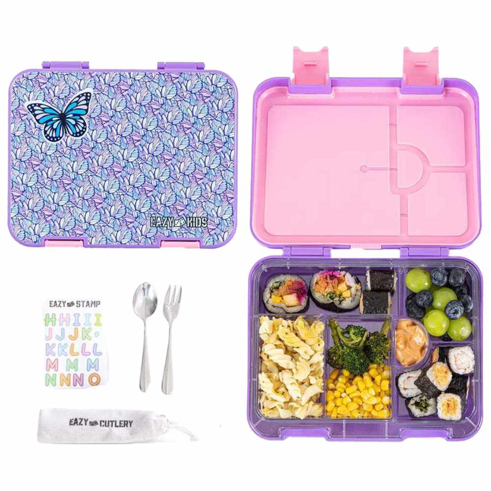 Eazy Kids - Personalized 4/6 Convertible Bento Lunch Box Set - Butterfly Purple 