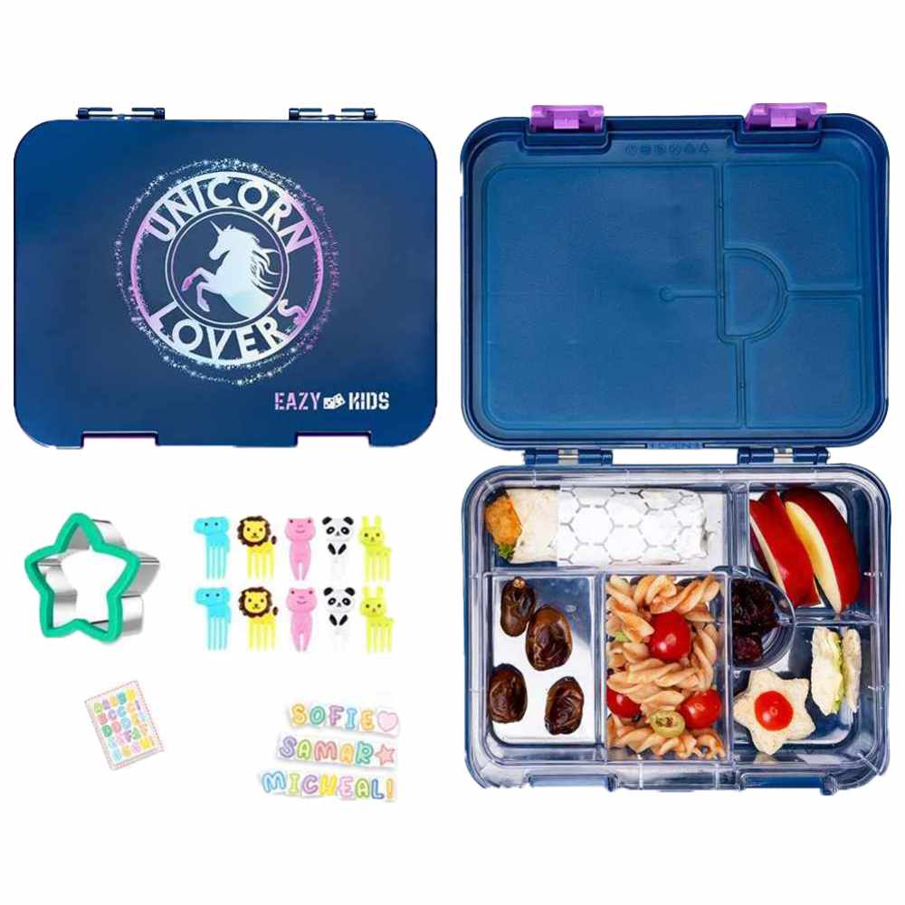 إيزي كيدز - مجموعة صندوق غداء بينتو قابل للتحويل 4/6 أقسام - يونيكورن لوفر أزرق - 13 قطعة