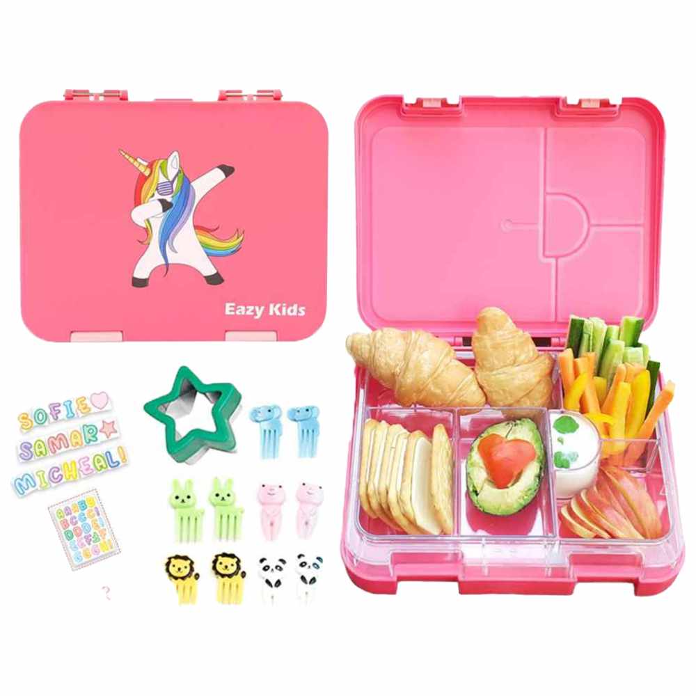 Eazy Kids - Personalized 4/6 Convertible Bento Lunch Box Set - Unicorn Pink