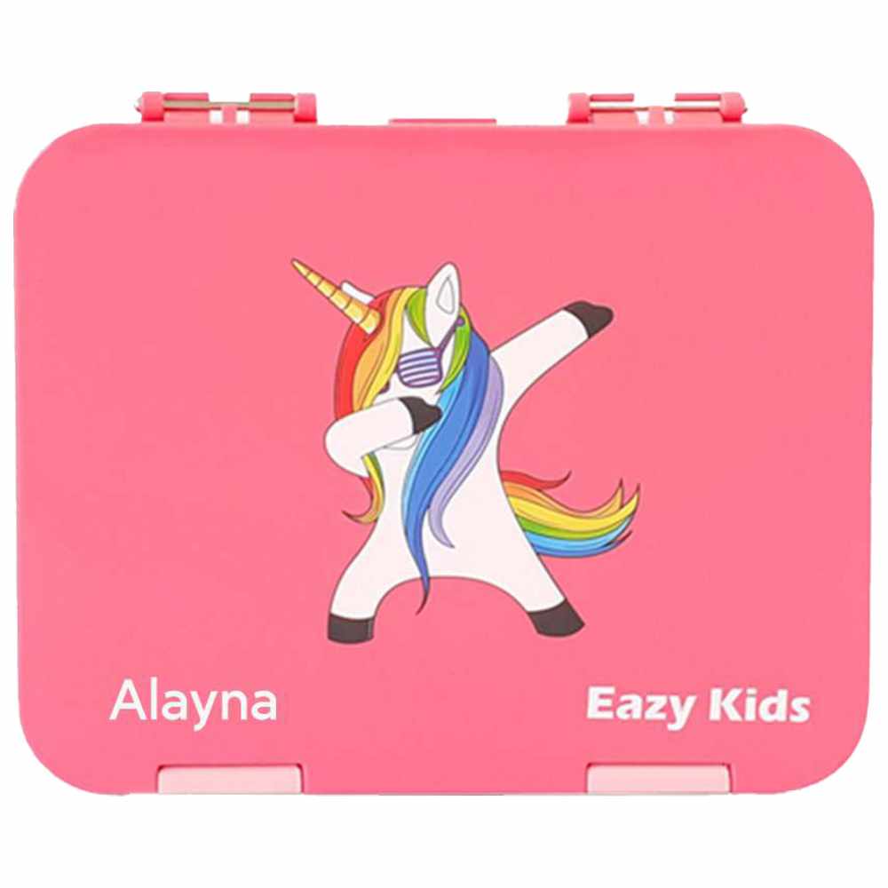 Eazy Kids - Personalized 4-Compartment Bento Lunch Box Set - Unicorn Pink