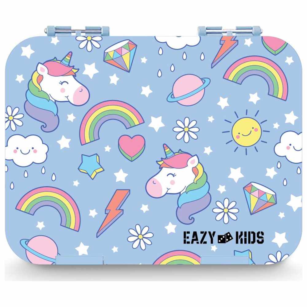 Eazy Kids - Personalized 4-Compartment Bento Lunch Box Set - Unicorn Blue