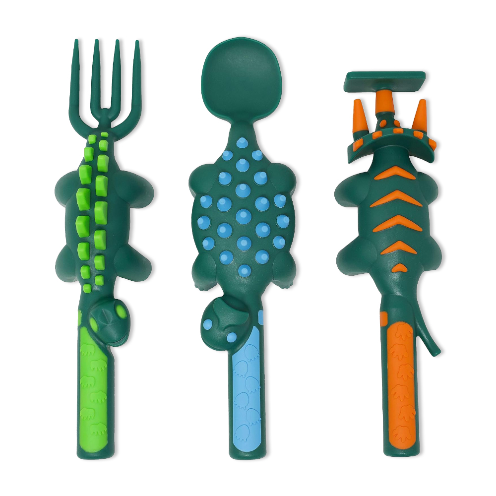 Eazy Kids Spoon, Fork And Pusher Set - Dark Green - Dinosaur