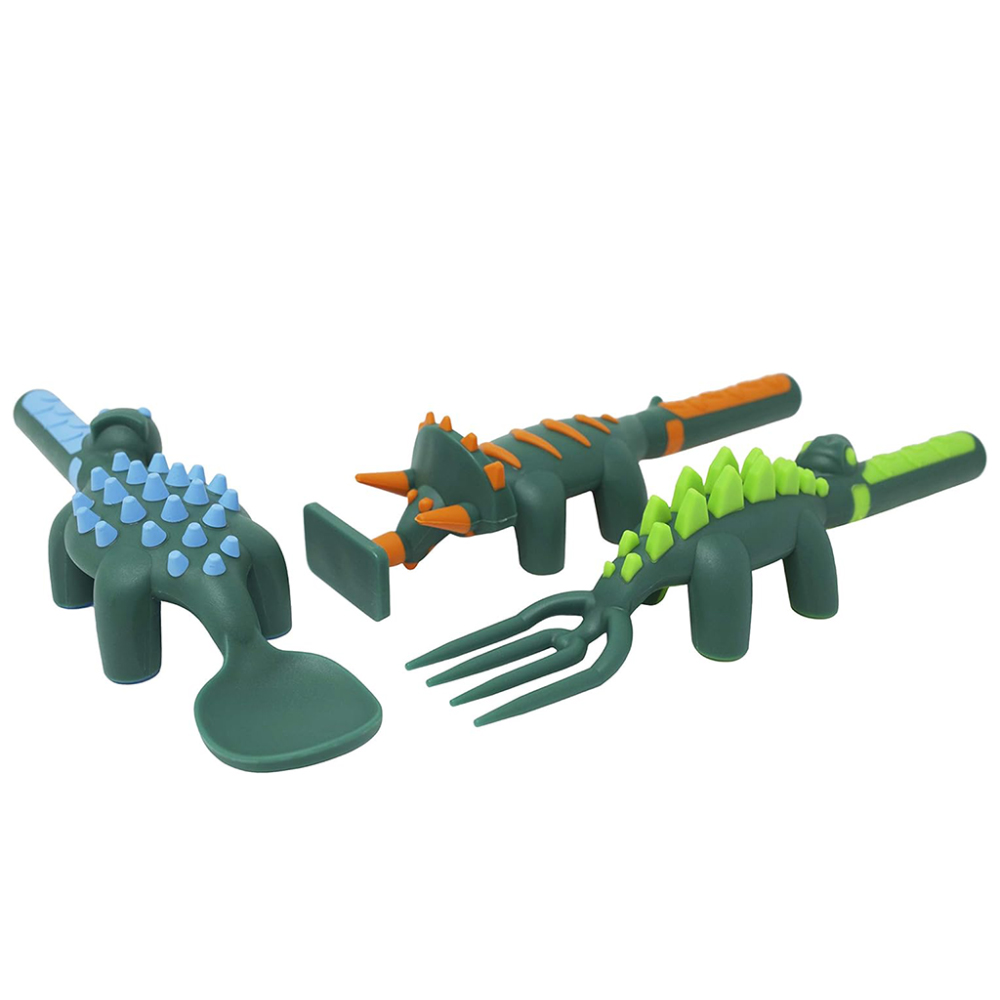 Eazy Kids Spoon, Fork And Pusher Set - Dark Green - Dinosaur