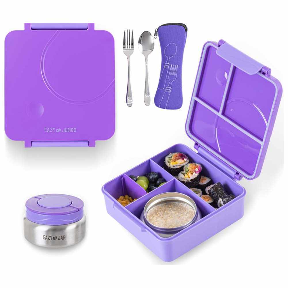 Eazy Kids - Personalized 3/4-Compartments Bento Lunch Box Set - Purple - 6 Pcs