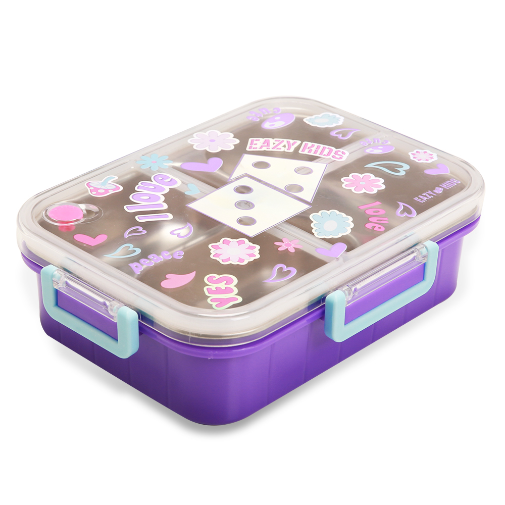 Eazy Kids - 3 Compartment Steel Bento Lunch Box 800ml - Floral Purple