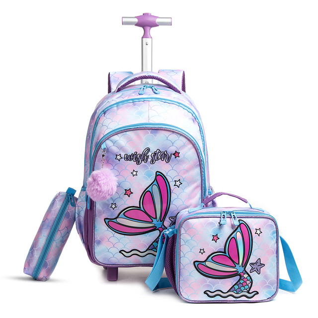Eazy Kids - Trolley School Bag combo Mermaid - Set of 3 -Purple - 18-Inch/46cm