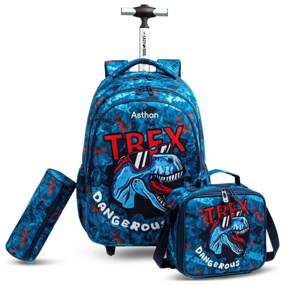 Eazy Kids - Personalized Trolley School Bag with Lunch Bag And Pencil Case - T-Rex