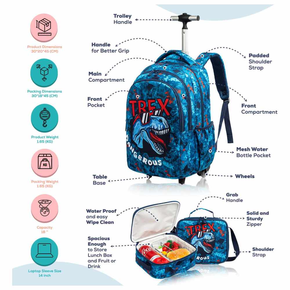 Eazy Kids - Personalized Trolley School Bag with Lunch Bag And Pencil Case - T-Rex