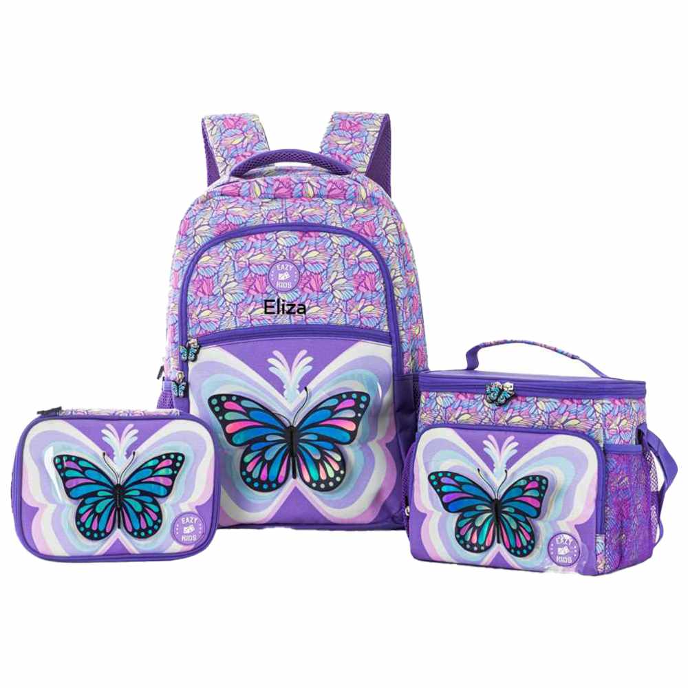 Eazy Kids - Personalized Backpack with Lunch Bag And Pencil Case - 3D Butterfly Purple