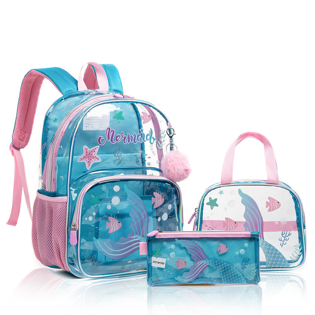 Eazy Kids - School Bag Combo Mermaid - Set of 3 - Blue - 17-Inch/43.5cm