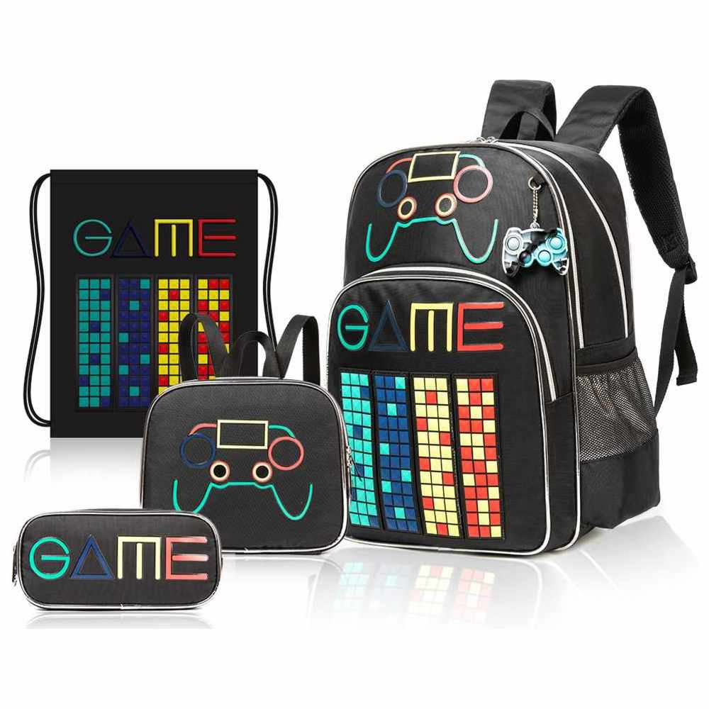 Eazy Kids - Personalized School Bag with Lunch Bag, Activity Bag And Pencil Case - Gamer 
