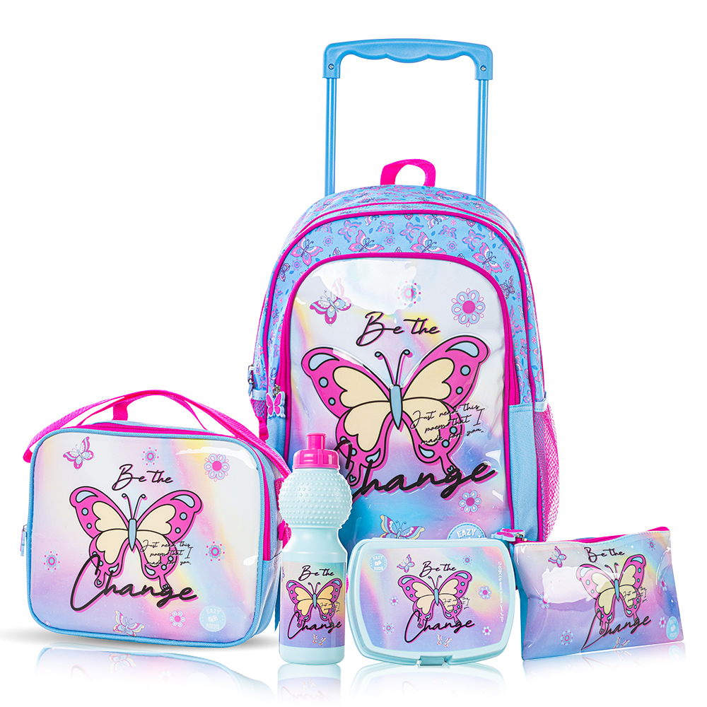 إيزي كيدز - مجموعة حقائب مدرسية بعجلات، 5 قطع - فراشة - 16 إنش/41 سم