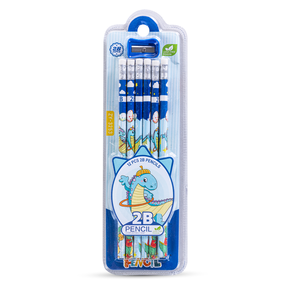 Eazy Kids - 2B Pencils With Eraser & Sharpener 12pc Set - Blue