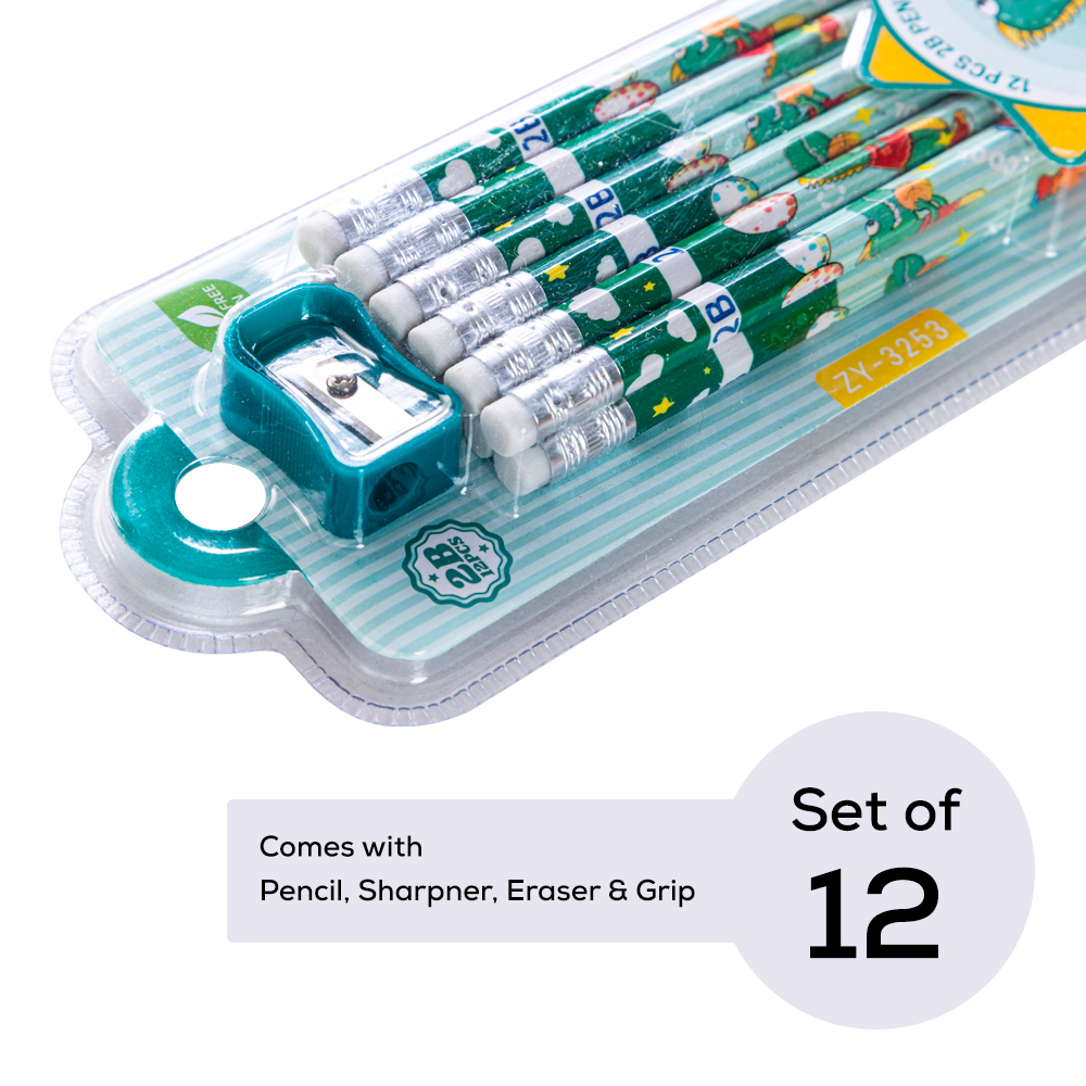 Eazy Kids - 2B Pencils With Eraser & Sharpener 12pc Set - Green