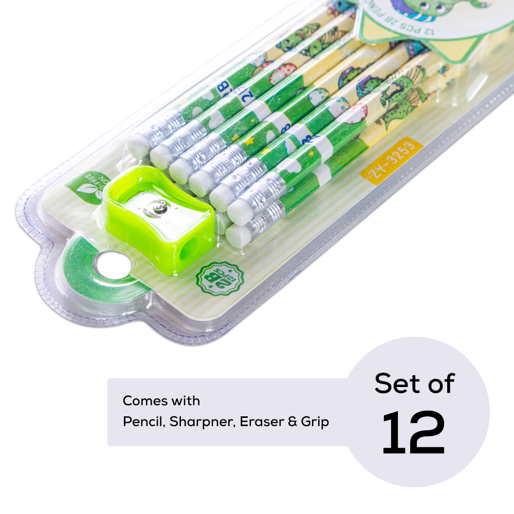 Eazy Kids - 2B Pencils With Eraser & Sharpener 12pc Set - Light Green