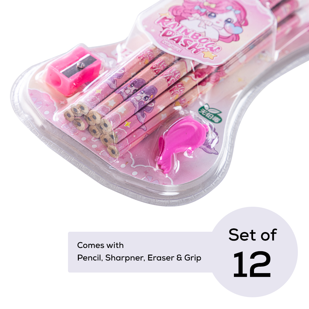 Eazy Kids - HB Pencil with Eraser & Grip 12pc Set - Pink