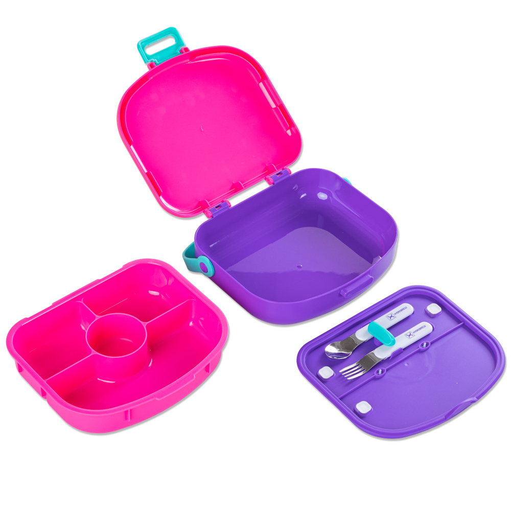 هايدروبرو - طقم صندوق غداء بينتو بأربعة أقسام مع ملعقة وشوكة - فوشيا