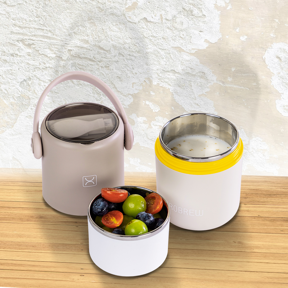 هايدروبرو - صندوق غداء ستانلس ستيل طبقتين مع ملعقة وشوكة قابلة للطي - رمادي/بني