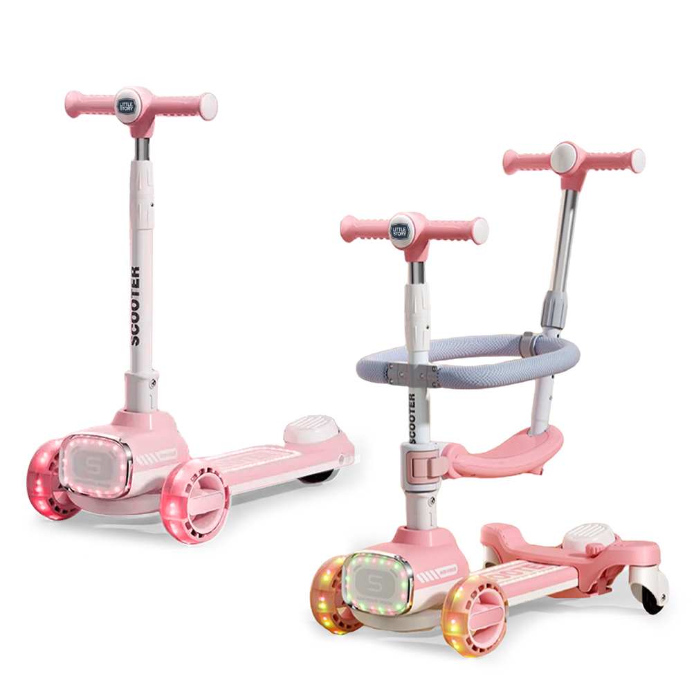 Little Story - 2-in-1 Kids Scooter With Ride On & Push Handle - Pink