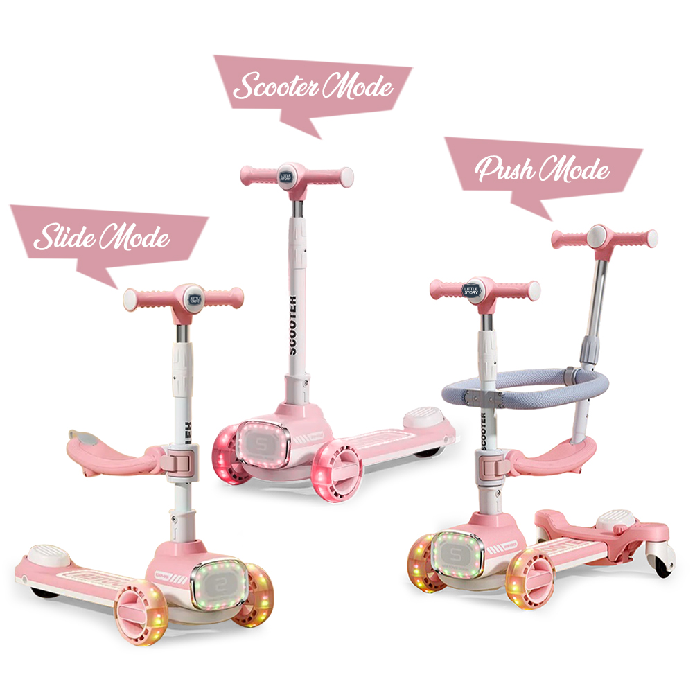 Little Story - 2-in-1 Kids Scooter With Ride On & Push Handle - Pink