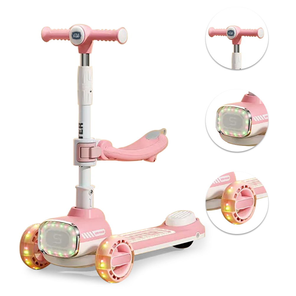 Little Story - 2-in-1 Kids Scooter With Ride On & Push Handle - Pink