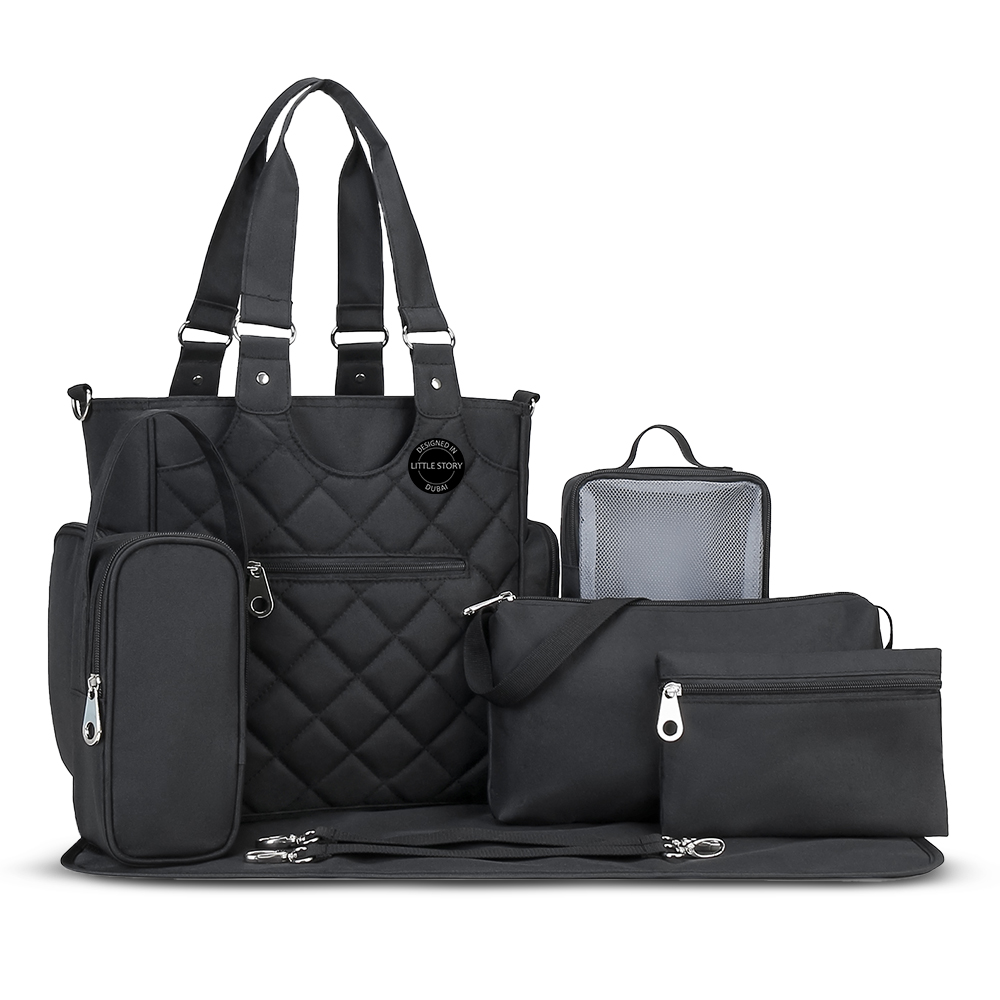 Little Story - Quilted Diaper Bag & Baby Essential Set - Multicolor - 7 Pcs