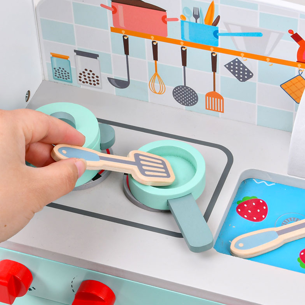 Little Story - Wooden Kitchen With Refrigerator And 6 Accessories - Teal