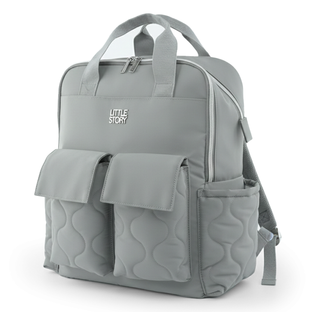 Little Story - Quilted Diaper Backpack With Changing Mat - Grey