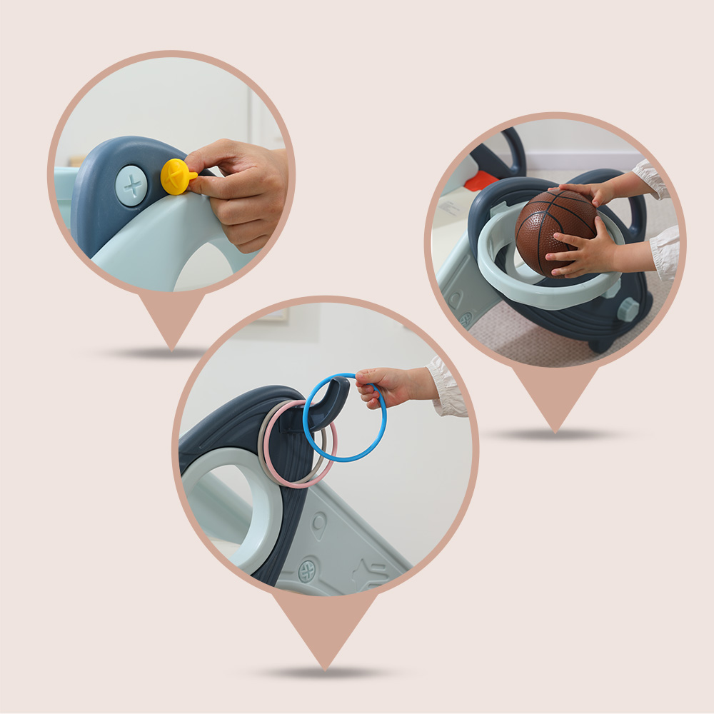 Little Story - 3-in-1 Slide With Basketball And Ring Game - Blue