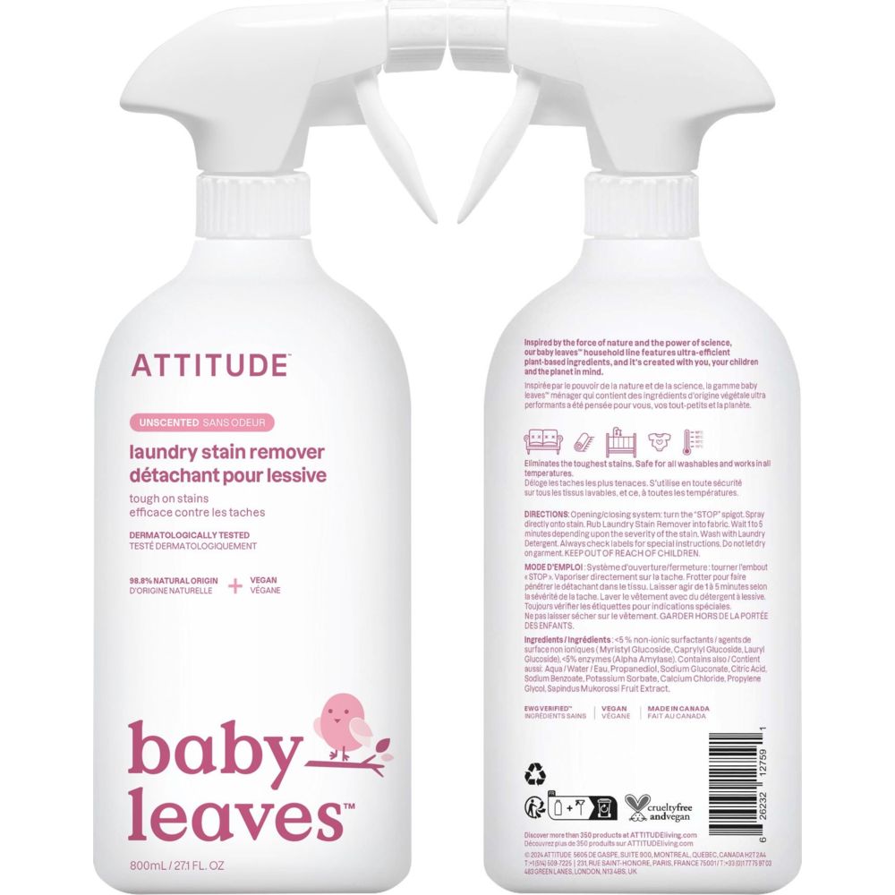 أتيتيود - مزيل بقع الغسيل برائحة أوراق الأطفال - بدون رائحة - 800 مل